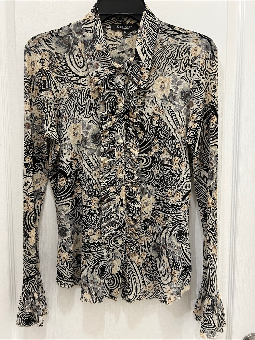 Karen Kane Black, Cream & Gray Paisley Ruffle-Front Blouse